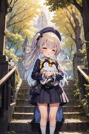 masterpiece,illustration,ray tracing,finely detailed,best detailed,Clear picture,intricate details,highlight,
anime,
gothic architecture,
looking at viewer,

nature,gothic architecture,bird,the lakeside in the heart of the forest,the staircase of the balcony,

NikkeRei,
1girl,loli,baby,long hair,hat,
yellow bow,yellow bag,skirt, cowboy shot,
NikkePenguin,Penguin,A penguin sleeping in its owner's arms,
sitting,