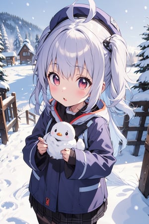 cute girl, silver hair, snow village background, snow clothing