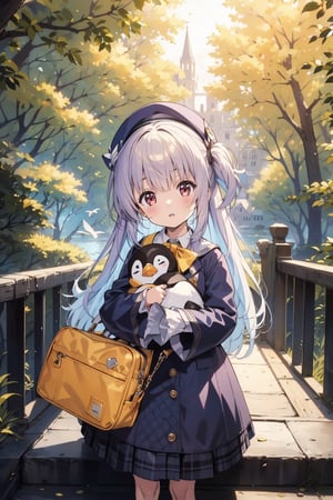 masterpiece,illustration,ray tracing,finely detailed,best detailed,Clear picture,intricate details,highlight,
anime,
gothic architecture,
looking at viewer,

nature,gothic architecture,bird,the lakeside in the heart of the forest,the staircase of the balcony,

NikkeRei,
1girl,loli,baby,long hair,hat,
yellow bow,yellow bag,skirt, cowboy shot,
NikkePenguin,Penguin,A penguin sleeping in its owner's arms,
sitting,