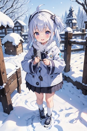 cute girl, silver hair, snow village background, snow clothing