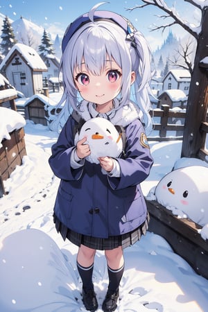 cute girl, silver hair, snow village background, snow clothing