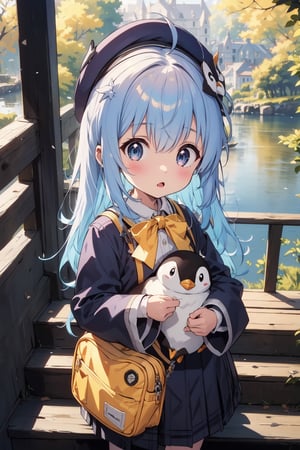 masterpiece,illustration,ray tracing,finely detailed,best detailed,Clear picture,intricate details,highlight,
anime,
gothic architecture,
looking at viewer,

nature,gothic architecture,bird,the lakeside in the heart of the forest,the staircase of the balcony,

NikkeRei,
1girl,loli,baby,long hair,hat,light blue hair,blue eyes,yellow bow,yellow bag,skirt,upper body,
NikkePenguin,Penguin,