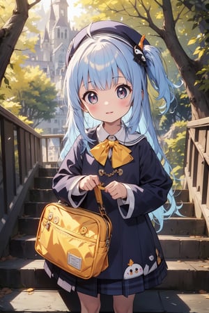 masterpiece,illustration,ray tracing,finely detailed,best detailed,Clear picture,intricate details,highlight,
anime,
gothic architecture,
looking at viewer,

nature,gothic architecture,bird,the lakeside in the heart of the forest,the staircase of the balcony,

NikkeRei,
1girl,loli,baby,long hair,hat,light blue hair,blue eyes,yellow bow,yellow bag,skirt,upper body,
NikkePenguin,Penguin,