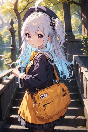 masterpiece,illustration,ray tracing,finely detailed,best detailed,Clear picture,intricate details,highlight,
anime,
gothic architecture,
looking at viewer,

nature,gothic architecture,bird,the lakeside in the heart of the forest,the staircase of the balcony,

NikkeRei,
1girl,loli,baby,long hair,hat,white hair,blue eyes,yellow bow,yellow bag,skirt,upper body,
NikkePenguin,Penguin,