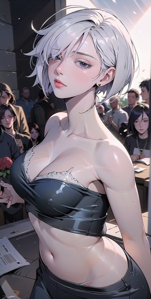 Masterpiece, Highest Quality, (Single Focus), (Perfect Face: 1.3), (High Detail: 1.1), (Super Detailed Eyes), Dramatic, Woman with Pale Skin and Bob Hair, White Eyes, Solo, Cold Expression, cold temperament, sexy figure, neat short hair, bare shoulders, bent chest, Sephiroth, moon, night, underwear, navel, pout, fur, medium chest, whole body, hourglass body, sexy, arrogant expression, slim, rose garden, detailed background, artgerm art, film lighting, rose, fashion, BalenciagaStyle,