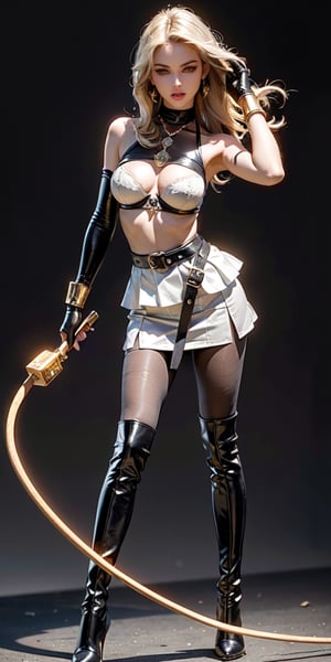 (((Must Include One Extremely Thin Golden Bullwhip Only with visible handle))), (((dominatrix))), (((femdom))), (((must hold one golden bullwhip with silver handle in right hand firmly))), (((must include short skirt))), (((must include shoulder gear))), (((must include pantyhose))), (((Thin whip string))), (((cylindrical whip string))), (((left hand on waist))), (((blank background))), (((blank black background))), (((black pantyhose must cover all the way to hip))), (((leather thigh boots with Stiletto heels with spurs))), (((thight high boots))), (((black sheer pantyhose))), (((earring))), (((necklace))), (((long gloves))), expensive jewelries, (((noble top attires))), (((bra))), laugher facial expression, femme fatale, Russian girl, caucasian woman, (((mature))), (((holding whip handle))), masterpiece, best quality, photorealistic, raw photo, 1girl, long blonde hair, blouse, light smile, detailed skin, pore, (((voluptuous))), off_shoulder, Realism, beautiful and aesthetic, 16K, (HDR:1.4), high contrast, bokeh:1.2, lens flare, (vibrant color:1.4), (muted colors, dim colors, soothing tones:0), cinematic lighting, ambient lighting, sidelighting, Exquisite details and textures, cinematic shot, Warm tone, (Bright and intense:1.2), wide shot, by playai, ultra realistic illustration, siena natural ratio, Full length side view, cinematic lighting, ambient lighting, sidelighting, Black background, Studio lighting, professional photography, rich color,Looking down,red hair, forehead,dress, long sleeves, milf, big_thighs, big_breasts,Detailedface,genshinweapon,1girl,mature female,motherly,black pantyhose,1boy,black_footwear,loafers 