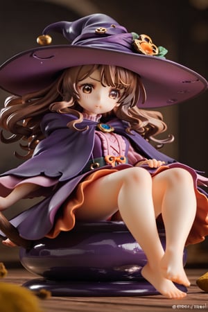 score_9, score_8_up, hi-res, 8k, anime style. An intricately detailed witch (1girl, long black curly hair, witch's hat and ornate witch's robes, dissatisfied look on her face, arched eyebrow, deep brown eyes, detailed cute face) looking down at a (small malformed but cute creature ) sitting at her feet looking back up at her adoringly. Background is a cozy cottage with a bubbling cauldron., score_9_up,score_7_up,3D,PVC Style