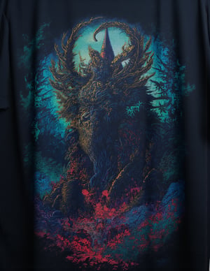 T_shirt,Design(Illustration, ukiyo-e, vivid, colorful, masterpiece of high-contrast shadow and light, a gothic castle sitting on edge of a forbidden mystical forest, moonlight, (fog and moonbeams:1.2), (pure black:1.3), and (darkness:1.3), mysticism, fantasy, gothic horror, glowing flora, magical phenomena, ultra realistic painting, intricate, High Detail, Sharp focus, realism, darkness., Katsuhiro Otomo style, superb detail, fantastic, mysterious, detailed background, It must not be commonplace, Must have a very complex structure, Must have a very high degree of randomness, Must be an image that no one has ever seen before, It has to be very original, Must have tremendous detail, It has to be of the highest artistic quality, It has to be the ultimate, Failure is not an option(,full length shirt