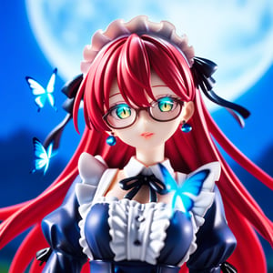 anime, anime style, niji6 style, by nijijourney, 1girl, bug, solo, butterfly, maid, blue butterfly, maid headdress, red hair, jewelry, earrings, glasses, looking at viewer, yellow eyes, slit pupils ,parted lips, long hair, flower, ribbon, apron, black ribbon, glowing, upper body, breasts, blurry, maid apron, red dress, dress, stud earrings, frills, sidelocks, hair between eyes, glowing eyes, blue theme, blue flower, hair ribbon, neck ribbon, bow, night, blurry background, portrait, red eyelashes, hair bow, outdoors, black bow, letterboxed, teeth, hydrangea, medium breasts, large breasts, depth of field, aqua eyes, puffy sleeves, collared dress, glowing butterfly, moon light, colored skin, lips, shaded, light particle, blue theme, night, masterpiece, best quality, highres, 4k, 8k, intricate detail, cinematic lighting, amazing quality, amazing shading, film grain, blurry foreground, vignetting chiaroscuro, chromatic aberration, backlighting, mature female, detailed illustration, anime style, wallpaper, animification, anime coloring, fake screenshot, screencap, anime screencap, score_9_up, score_8_up,score_7_up,3D,PVC Style