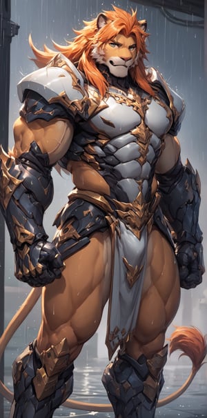 solo, long hair, looking at viewer, 1lion, animal ears, male focus, orange hair, armor, blurry, muscular, feet out of frame, scar, pectorals, muscular male, shoulder white armor, bara, pelvic curtain, furry, clenched hands, large pectorals, rain, furry male, tiger ears, lion boy, orange fur, mechanical arms,TR mecha style, (score_9, score_8_up, score_7_up, score_6_up), Dragon,SDXL, score_9_up
