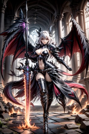 Demon fantasy general,a demon girl with red armour,long hair,tsurime, low wings, head wings, multiple wings,4wings, holding glowing fire red sword, glowing red runes, magic circle, demonic, lighting, glow swirling light, gem, black gemstone, with a dynamic and magical background, masterpiece, best quality, magnificent, celestial demon, ethereal, painterly, epic, majestic, magical, fantasy art, cover art, dreamy, Multi-Layered Textures, HDR, High Dynamic Range, Maximum Clarity And Sharpness, Multi-Layered Textures, 