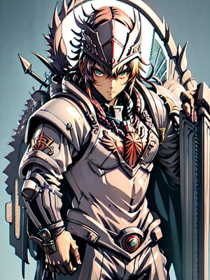 A dramatic close-up shot of a solo, anime-style male figure in full armor, donning a majestic red cape with a flowing plume. He holds a sturdy polearm in one hand and a shield emblazoned with his emblem in the other. His helmet is adorned with a gleaming crest, and his gaze is fixed intently on the viewer. The 3D PVC figure's dynamic pose exudes confidence and strength.masterpiece,best quality, score_9_up, score_8_up, score_7_up,tshee00d,vector style