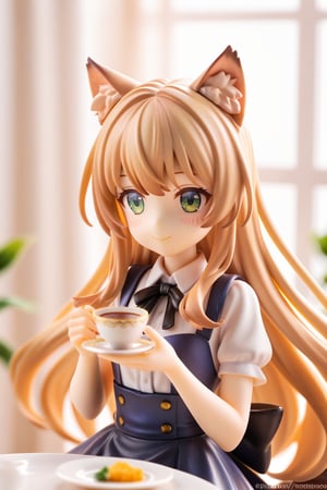 A young blonde girl with long hair and bangs sits comfortably on a chair, wearing a white collared shirt with puffy short sleeves and a black bow tied around her neck. Her face is aglow with a gentle blush and a warm smile, as she holds a teacup and saucer in her hands. Her eyes are closed, and extra cat ears sprout from the top of her head, complete with fluffy ear fluff. A black ribbon wraps around her hair, tied in a neat bow at the back. She appears to be lost in thought, surrounded by the cozy atmosphere of an indoor setting with a window in the background, fine art parody, Oil painting style., score_9_up, score_8_up,score_7_up,3D,PVC Style,beautiful_female_fingers,perfect hands,detailed hands,beautiful hands