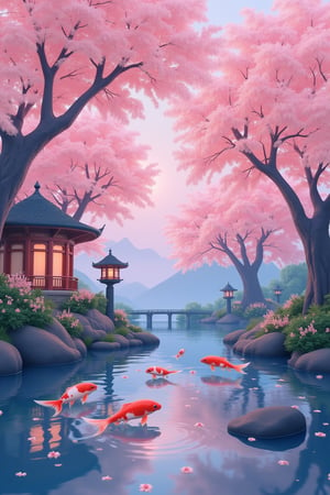 ((T_shirt)),Design(Masterpiece, professional, award-winning, intricate details, ultra high detailed, 64k, dramatic light, volumetric light, A picturesque, clipart-like Japanese cherry blossom garden, with delicate pink blossoms adorning the trees, a tranquil pond with koi fish, and traditional stone lanterns illuminating the path:2, spring serenity, cherry blossom magic, Zen tranquility, Japanese elegance, floral beauty.,ek_art_b00ster,anime,illustrated,FluxBoost,full length shirt