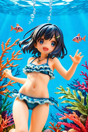 masterpiece, best quality, sky, 1girl,liko_pokemno,short_hair, blue_hair,Hair blush,blue_eyes, Young, Cute,Slim,Collarbone,Necklace,Pendant, Bangs Fastened,Hair Clips (V-Shape, Green),black hair/Blue Strands back (bikini:1.3), hairclip, blue eyes,  clenched fists, nature ,(masterpiece,best quality:1.3),(100+ colorful tropical fish:1.2),(underwater:1.3),floating pose,smile,,(frills bikini,:1.2), (bubble effect:1.3) , ,vivid color,sun shine,(deep detailed eyes:1.3),,Liko_pokemno,more detail XL,Short hair,score_9,score_8_up,score_7_up,3D,PVC Style, full_body