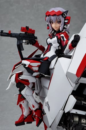 YukineChris,mechskirt, holding 2guns(gattling guns), multiple explosions in the background, close_up on face, More Detail,mecha musume,figma