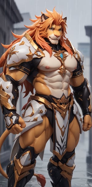solo, long hair, looking at viewer, 1lion, animal ears, male focus, orange hair, armor, blurry, muscular, feet out of frame, scar, pectorals, muscular male, shoulder white armor, bara, pelvic curtain, furry, clenched hands, large pectorals, rain, furry male, tiger ears, lion boy, orange fur, mechanical arms,TR mecha style, (score_9, score_8_up, score_7_up, score_6_up), Dragon,SDXL, score_9_up