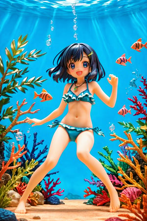 masterpiece, best quality, sky, 1girl,liko_pokemno,short_hair, blue_hair,Hair blush,blue_eyes, Young, Cute,Slim,Collarbone,Necklace,Pendant, Bangs Fastened,Hair Clips (V-Shape, Green),black hair/Blue Strands back (bikini:1.3), hairclip, blue eyes,  clenched fists, nature ,(masterpiece,best quality:1.3),(100+ colorful tropical fish:1.2),(underwater:1.3),floating pose,smile,,(frills bikini,:1.2), (bubble effect:1.3) , ,vivid color,sun shine,(deep detailed eyes:1.3),,Liko_pokemno,more detail XL,Short hair,score_9,score_8_up,score_7_up,3D,PVC Style, full_body