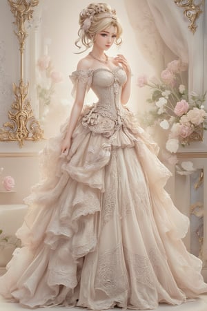 A most beautiful lady in rococo art style, with soft, flowing lines, delicate details, and pastel colors. She has an elegant, flowing gown adorned with intricate lace and floral patterns, a powdered wig with curls and ribbons, and a serene, graceful expression. The background features ornate, gilded frames, soft lighting, and a sense of opulence and refinement.,resin,a 3D rendering of a figurine 