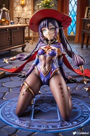 score_9, score_8_up, score_7_up, cobbled room, medieval laboratory, (at night:1.2), (kneeling), (magic circle on floor), (mischievous smile), (cameltoe),Mona_(Genshin_Impact),3D,PVC Style