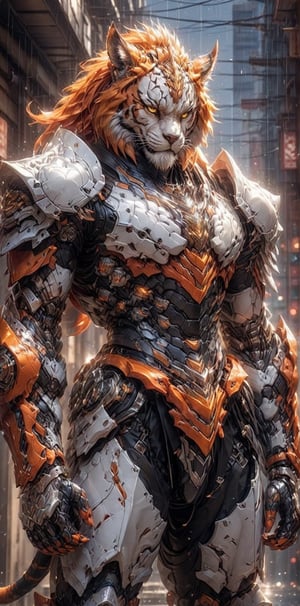 solo, long hair, looking at viewer, 1lion, animal ears, male focus, orange hair, armor, blurry, muscular, feet out of frame, scar, pectorals, muscular male, shoulder white armor, bara, pelvic curtain, furry, clenched hands, large pectorals, rain, furry male, tiger ears, lion boy, orange fur, mechanical arms, (3wrist_blades),TR mecha style,score_9, score_8_up, score_7_up, score_6_up