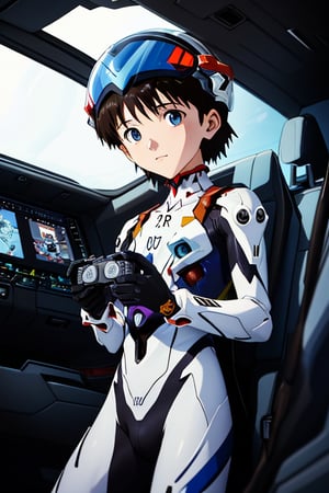 A shot of a tender moment, with soft focus and warm lighting. The camera pans down to reveal a tiny Shinji Ikari, no more than 12 months old, nestled comfortably within the Evangelion-01's cockpit. His miniature plugsuit is adorned with intricate details, while his diaper remains spotless despite the chaotic atmosphere. The baby's eyes, shining bright with curiosity, peek out from beneath the helmet's visor as he grasps a toy or controller in his chubby hands.