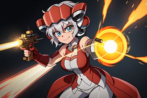 Close-up shot of YukineChris, her eyes locked intensely on the lens as she holds a futuristic-looking Gatling gun in each hand. The guns' rotating barrels spin rapidly, casting a metallic whirring sound against the darkened background. Her pose exudes confidence and authority, with one gun pointing directly at the camera while the other is cocked and ready to fire.