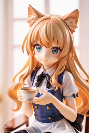 A young blonde girl with long hair and bangs sits comfortably on a chair, wearing a white collared shirt with puffy short sleeves and a black bow tied around her neck. Her face is aglow with a gentle blush and a warm smile, as she holds a teacup and saucer in her hands. Her eyes are closed, and extra cat ears sprout from the top of her head, complete with fluffy ear fluff. A black ribbon wraps around her hair, tied in a neat bow at the back. She appears to be lost in thought, surrounded by the cozy atmosphere of an indoor setting with a window in the background, fine art parody, Oil painting style., score_9_up, score_8_up,score_7_up,3D,PVC Style,beautiful_female_fingers,perfect hands,detailed hands,beautiful hands