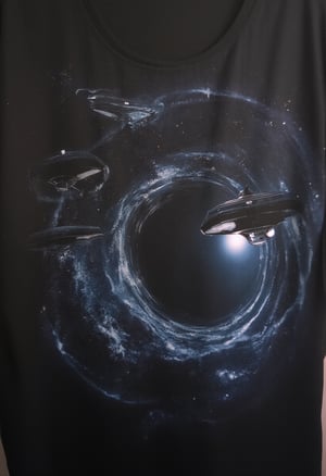 T_shirt,Design(ultrarealistic ufo starship fleet flying in realistic black hole vortex8k resolution,sharp focus, a big xeagonal ship)