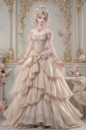 A most beautiful lady in rococo art style, with soft, flowing lines, delicate details, and pastel colors. She has an elegant, flowing gown adorned with intricate lace and floral patterns, a powdered wig with curls and ribbons, and a serene, graceful expression. The background features ornate, gilded frames, soft lighting, and a sense of opulence and refinement.,resin,a 3D rendering of a figurine 