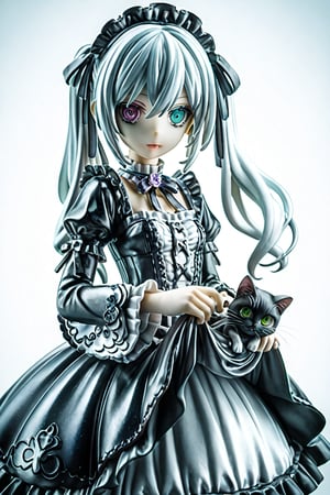 1girl, solo, (25-ji miku,  project sekai, heterochromia), gothic lolita dress,  twintails,  purple eye, turquoise eye,  White hair ribbon, (kawaii),  Ruffle,  lace,  gothic dress,  (watercolor medium),  sketch:0.5,  (masterpiece, best quality), hold a cat, late, (aesthetic), simple backgrounds, no backgrounds, 1cat,score_9,score_8_up,score_7_up,3D,PVC Style