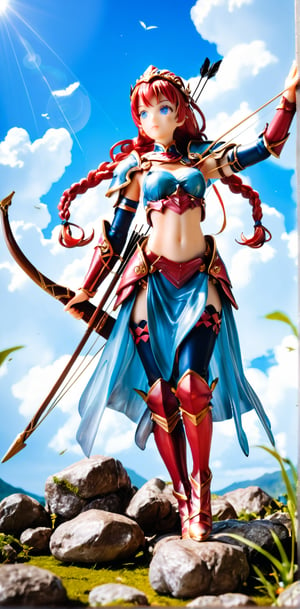 1girl, solo, long hair, purple-black shiny hair, beautiful blue eyes (eyelashes are long and dense), very energetic, photo, navel, holding, weapons, braids, outdoor, sky, midriff, clouds, holding weapons , armor, bow\(weapon\), arrow\(slug\), holding bow\(weapon)\), aiming at the audience, beautiful blue eyes sharp, the action of pulling the bow, shooting three arrows at the same time. Full of courage. The aura is very domineering.,score_9,score_8_up,score_7_up,3D, {Full body view}