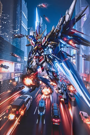 design(A dynamic close-up shot of a gundam warrior in action, his metallic body glistening under neon lights, clashing with enemies on the busy streets of a futuristic city. Exploding vehicles and fire create a chaotic scene. The backdrop features towering skyscrapers with holographic advertisements and flying vehicles whizzing by. The warrior's pose is aggressive, with his glowing energy weapon activated and wings of light emanating from the backpack on his back. The scene is lit with a combination of artificial and natural lighting, creating dramatic shadows.,a 3D rendering of a figurine ,T-shirt), looking from a distance