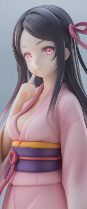 1girl, highly realistic, highly VFX, highly detailed, highly beautiful, highly glowing, highly beautiful, solo, long hair, breasts, looking at viewer, VFX black hair, ribbon, cleavage, medium breasts, hair ribbon, upper body, multicolored hair, VFX japanese clothes, VFX sleeveless, pink eyes, VFX kimono, lips, fingernails, sash, obi, slit pupils, index finger raised, finger to mouth, forehead, VFX pink ribbon, veins, sharp fingernails, VFX pink kimono, dark pink VFX, fill VFX, glowing VFX body, glowing VFX eyes, bamboo, shushing, VFX cracked skin, serious face, VFX glowing body, kamado nezuko, score_9_up, score_8_up,score_7_up,3D,PVC Style