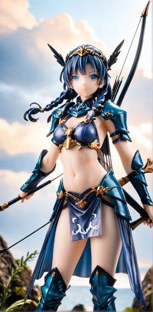 1girl, solo, long hair, purple-black shiny hair, beautiful blue eyes (eyelashes are long and dense), very energetic, photo, navel, holding, weapons, braids, outdoor, sky, midriff, clouds, holding weapons , armor, bow\(weapon\), arrow\(slug\), holding bow\(weapon)\), aiming at the audience, beautiful blue eyes sharp, the action of pulling the bow, shooting three arrows at the same time. Full of courage. The aura is very domineering.,score_9,score_8_up,score_7_up,3D