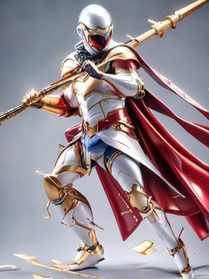 solo, 1boy, holding, weapon, male focus, cape, holding weapon, armor, helmet, polearm, shield, spear, red cape, lance, plume,Anime Style.,3D,PVC