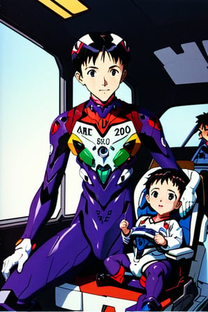 Shinji ikari piloting eva01(evangelion mecha) as a baby. Baby Shinji is seen in the cockpit in his plugsuit and diaper. pans out to see shinji ikari's (evangelion mecha) looks like his mother(yui ikari)., multiple_views