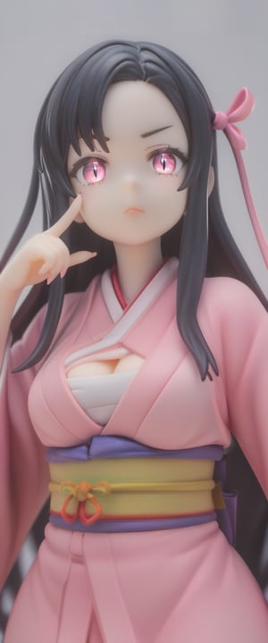 1girl, highly realistic, highly VFX, highly detailed, highly beautiful, highly glowing, highly beautiful, solo, long hair, breasts, looking at viewer, VFX black hair, ribbon, cleavage, medium breasts, hair ribbon, upper body, multicolored hair, VFX japanese clothes, VFX sleeveless, pink eyes, VFX kimono, lips, fingernails, sash, obi, slit pupils, index finger raised, finger to mouth, forehead, VFX pink ribbon, veins, sharp fingernails, VFX pink kimono, dark pink VFX, fill VFX, glowing VFX body, glowing VFX eyes, bamboo, shushing, VFX cracked skin, serious face, VFX glowing body, kamado nezuko, score_9_up, score_8_up,score_7_up,3D,PVC Style