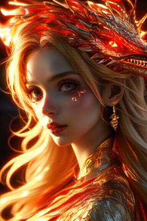 Golden light casts an intimate glow on the woman's piercing gaze, as wispy strands of blond hair dance across her forehead. The delicate threads of her gilded gown seem to be woven into the very fabric of her eye, mirroring the mesmerizing scales of a majestic ruby dragon that appears to be emerging from the shadows.,vibrant_colors,high_resolution,3D,PVC