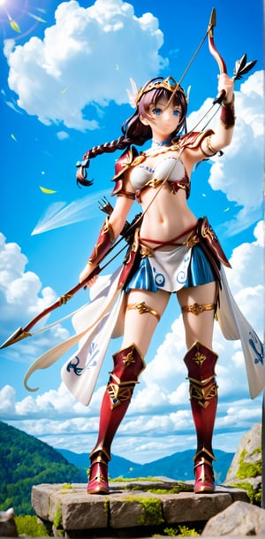 1girl, solo, long hair, purple-black shiny hair, beautiful blue eyes (eyelashes are long and dense), very energetic, photo, navel, holding, weapons, braids, outdoor, sky, midriff, clouds, holding weapons , armor, bow\(weapon\), arrow\(slug\), holding bow\(weapon)\), aiming at the audience, beautiful blue eyes sharp, the action of pulling the bow, shooting three arrows at the same time. Full of courage. The aura is very domineering.,score_9,score_8_up,score_7_up,3D, {Full body view}