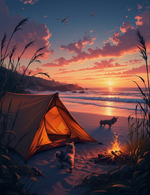 T_shirt,Design(A breathtaking 4K  wallpaper unfolds: Tourist tent, pretty dog, nestles beside a crackling campfire on a tranquil beach at sunset. Warm flames dance across the smooth sand as the sky transforms into a kaleidoscope of orange, pink, and purple hues. Gentle waves caress the shoreline, mirroring the vibrant colors above. Tall grasses whisper in the evening breeze, their gentle sway harmonizing with the lapping surf. Seabirds glide effortlessly across the sky, adding to the serene atmosphere. The only sounds are the campfire's crackle and the soothing melody of the waves. A sense of quiet reflection and timeless beauty permeates the scene, inviting viewers to weave their own stories around this nostalgic moment.),full length shirt