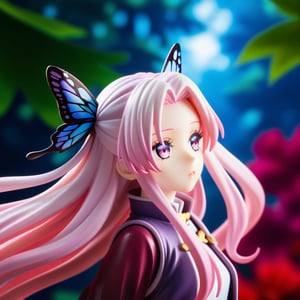 anime, anime style, niji6 style, by nijijourney, anime, anime style, niji6 style, by nijijourney, red theme, anime, anime style, niji6 style, by nijijourney, 1girl, solo, hair ornament, twintails, demon slayer uniform, butterfly hair ornament, butterfly, bug, blurry, japanese clothes, blurry background, portrait, pink eyes, parted lips, from side, white hair, red hair, haori, eyelashes, looking up, upper body, white butterfly, parted bangs, jacket, depth of field, nature, outdoors, sidelocks, purple butterfly, forest, red eyes, floating hair, expressionless, hair intakes, gradient hair, pink hair, purple eyes, very long hair, multicolored hair, sunlight, animification, anime coloring, fake screenshot, screencap, anime screencap, twilight, detailed eyes, ambient light, thick eyelashes, diamond, dark night, dark deep, sparkling, masterpiece, best quality, highres, 4k, 8k, intricate detail, cinematic lighting, amazing quality, amazing shading, film grain, blurry foreground, vignetting chiaroscuro, chromatic aberration, backlighting, global illumination, drop shadow, detailed illustration, anime style, wallpaper, animification, anime coloring, fake screenshot, screencap, anime screencap, score_9_up, score_8_up,score_7_up,3D,PVC Style