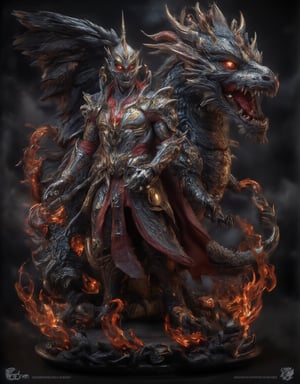 A majestic armoured knight stands vigilantly, adorned in gleaming steel and crimson trim, as a mighty guardian dragon rises behind him. The knight's gaze is fixed on the horizon, his hand grasping a sword hilt, while the dragon's wings spread wide, illuminating the darkening sky with fiery hues. The foreground showcases the knight's imposing figure, set against a dramatic background of clouds and flames.,FluxBoost,The Guardian DRagon,Fantasy detailers,Midjourney_Whisper,Fantasy detailers,resin,full_body