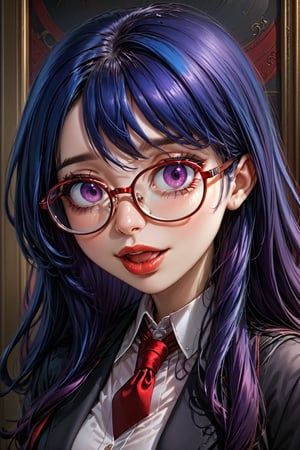 dark_blue hair,red-framed_glasses,long_hair,purple_eyes, score_9_up, score_8_up,score_7_up,3D, portrait,biting_lip,taking glasses off,Expressiveh,concept art,dark theme