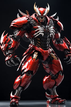 Angry venom mecha robo soldier character, anthropomorphic figure, wearing futuristic mecha soldier armor and weapons, reflection mapping, realistic figure, hyperdetailed, cinematic lighting photography, 32k uhd with a golden staff, red lighting on suit, 

By: panchovilla,mecha, mechanical arms