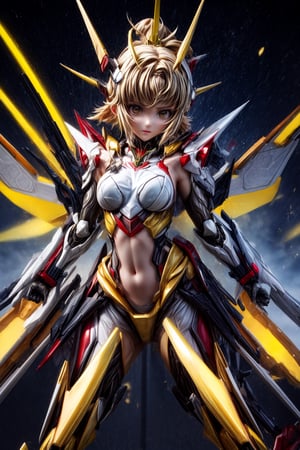 mechskirt(yellow armor),(kung_fu dojo background), full-body_portrait, More Detail,porcelain_art,add detail, Energy light particle mecha, score_9_up,score_8_up,score_7_up,3D,thflex,kung fu, hair ornament,short hair,hibiki tachibana, navel,Golden Warrior Mecha,bodysuit