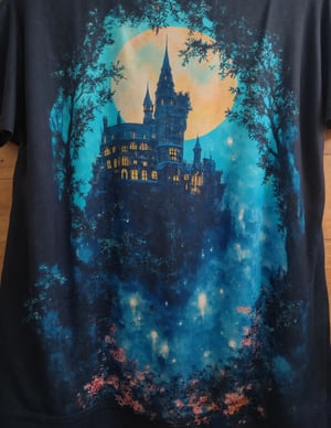 T_shirt,Design(Illustration, ukiyo-e, vivid, colorful, masterpiece of high-contrast shadow and light, a gothic castle sitting on edge of a forbidden mystical forest, moonlight, (fog and moonbeams:1.2), (pure black:1.3), and (darkness:1.3), mysticism, fantasy, gothic horror, glowing flora, magical phenomena, ultra realistic painting, intricate, High Detail, Sharp focus, realism, darkness., Katsuhiro Otomo style, superb detail, fantastic, mysterious, detailed background, It must not be commonplace, Must have a very complex structure, Must have a very high degree of randomness, Must be an image that no one has ever seen before, It has to be very original, Must have tremendous detail, It has to be of the highest artistic quality, It has to be the ultimate, Failure is not an option(,full length shirt