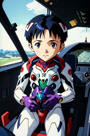 Shinji ikari piloting eva01(evangelion mecha) as a baby. Baby Shinji is seen in the cockpit in his plugsuit and diaper. pans out to see shinji ikari's (evangelion mecha) looks like his mother. split_view