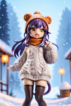 score_9,score_8_up,score_7_up,ClrSkt, 1girl, :o, animal ears, beanie, black thighhighs, blush, fang, hat, open mouth, purple hair, solo, sweater, tail, thighhighs, yellow eyes, snow, outdoors,3D,PVC Style