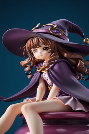 score_9, score_8_up, hi-res, 8k, anime style. An intricately detailed witch (1girl, long black curly hair, witch's hat and ornate witch's robes, dissatisfied look on her face, arched eyebrow, deep brown eyes, detailed cute face) looking down at a (small malformed but cute creature ) sitting at her feet looking back up at her adoringly. Background is a cozy cottage with a bubbling cauldron., score_9_up,score_7_up,3D,PVC Style